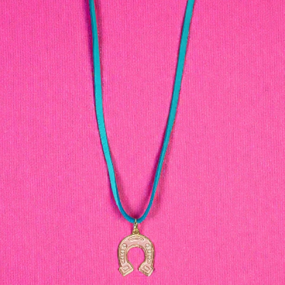 Pink Horseshoe Charm Choker Necklace Turquoise Leather New Age Grunge Coastal - Picture 2 of 11